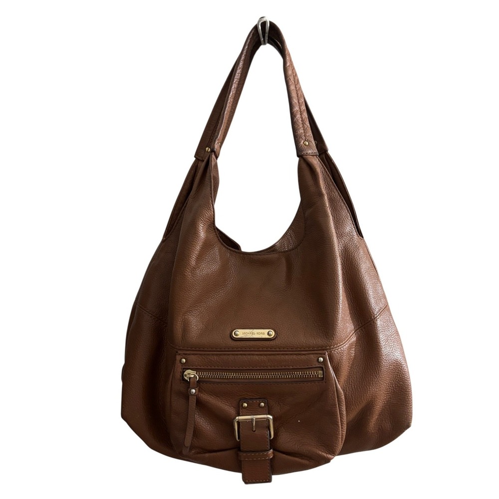 Michael Kors Pebbled Leather Hobo Shoulder Bag Brown Large Zip Pocket Purse